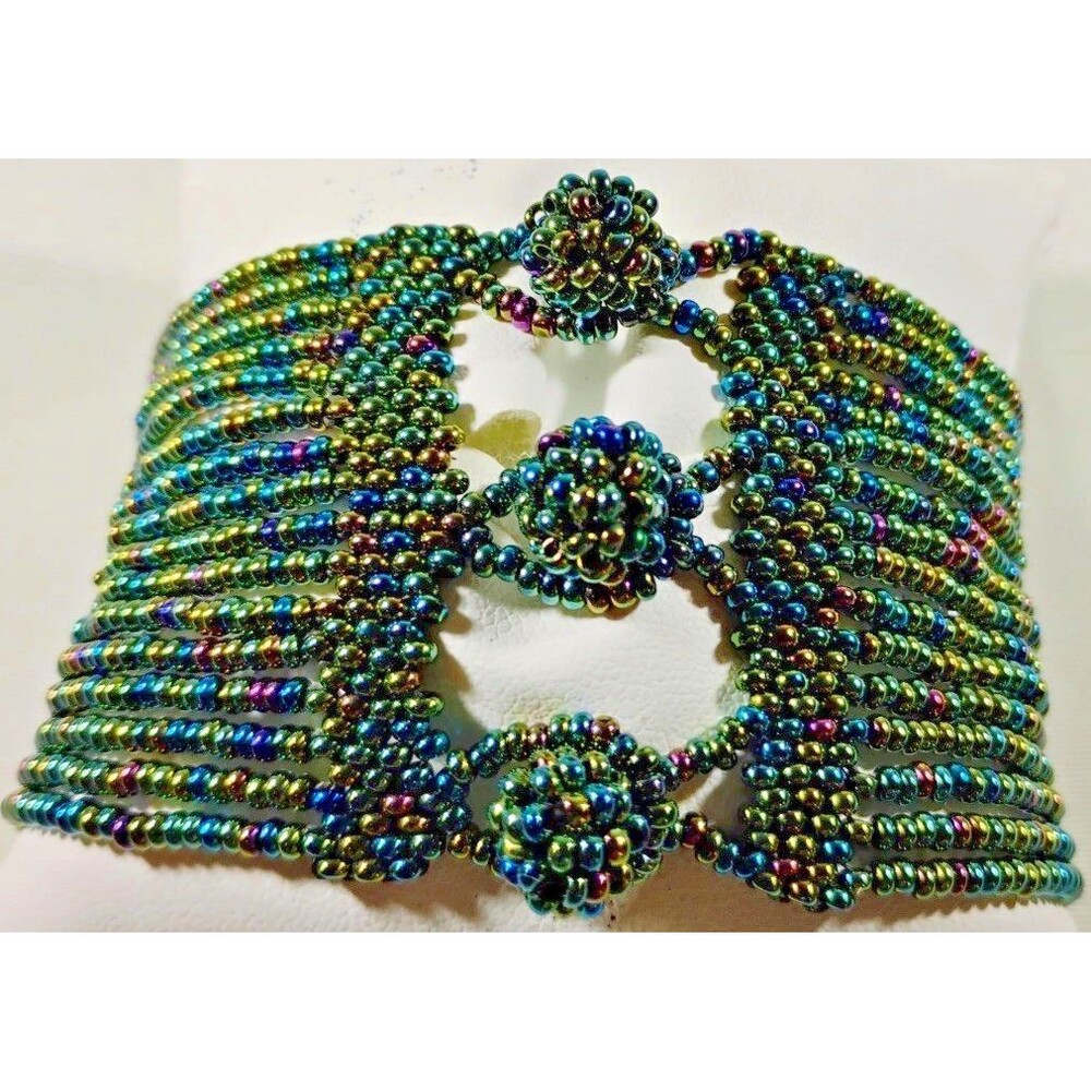 Artisan Made Beadwoven Seed Bead Bracelet Multicolor Blues Toggle Clasp Boho EUC